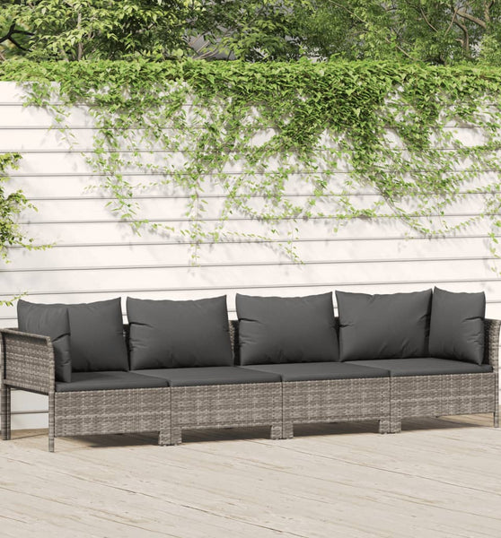 4-tlg. Garten-Lounge-Set mit Kissen Grau Poly Rattan