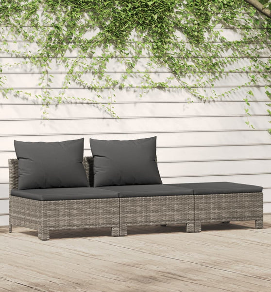 3-tlg. Garten-Lounge-Set mit Kissen Grau Poly Rattan