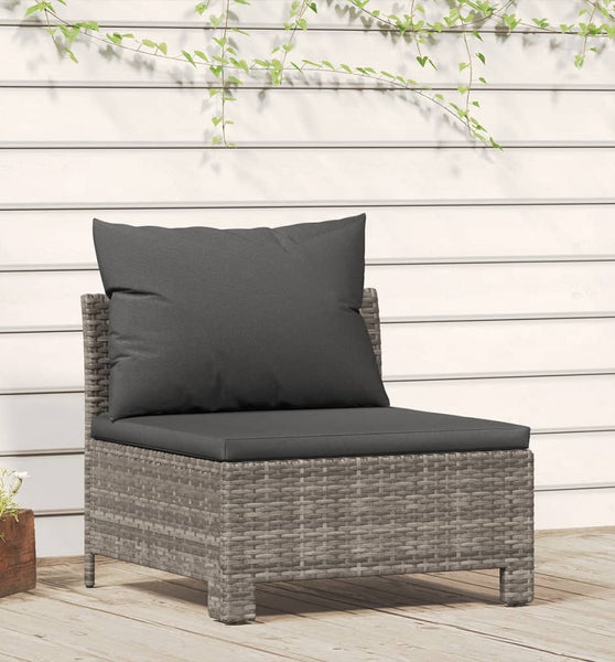 Garten-Mittelsofa mit Kissen Grau Poly Rattan