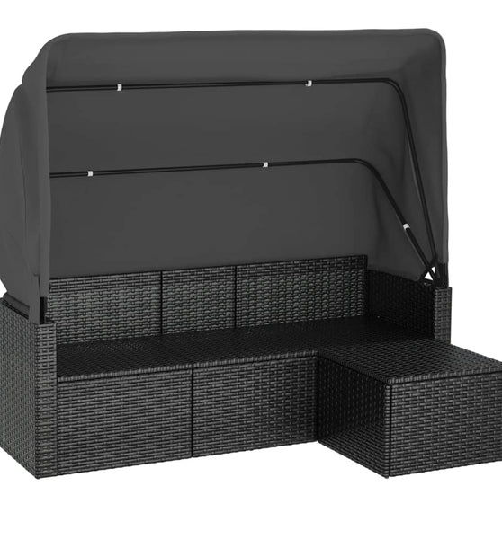 3-Sitzer-Gartensofa mit Dach und Fußhocker Schwarz Poly Rattan