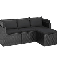 3-Sitzer-Gartensofa mit Dach und Fußhocker Schwarz Poly Rattan