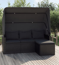 3-Sitzer-Gartensofa mit Dach und Fußhocker Schwarz Poly Rattan
