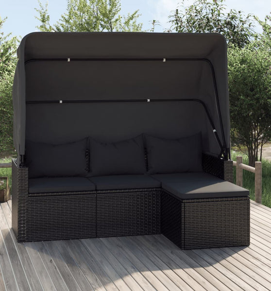 3-Sitzer-Gartensofa mit Dach und Fußhocker Schwarz Poly Rattan