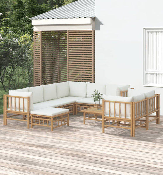 10-tlg. Garten-Lounge-Set mit Cremeweißen Kissen Bambus