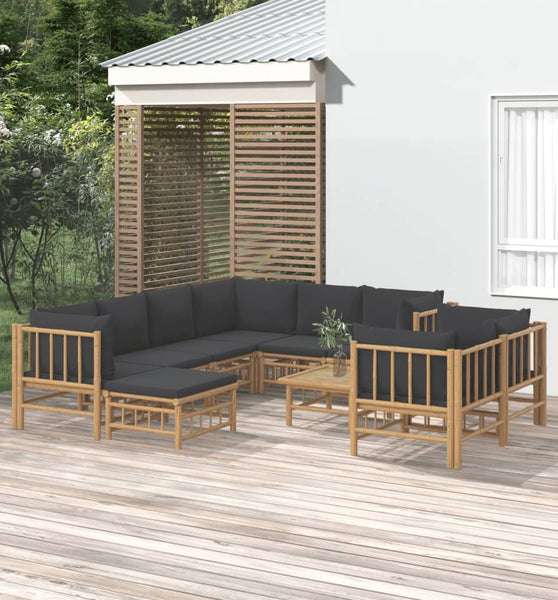 10-tlg. Garten-Lounge-Set mit Dunkelgrauen Kissen Bambus
