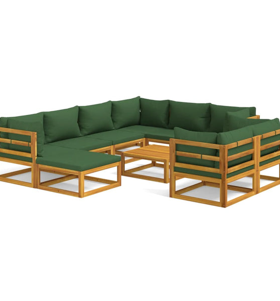 10-tlg. Garten-Lounge-Set mit Grünen Kissen Massivholz