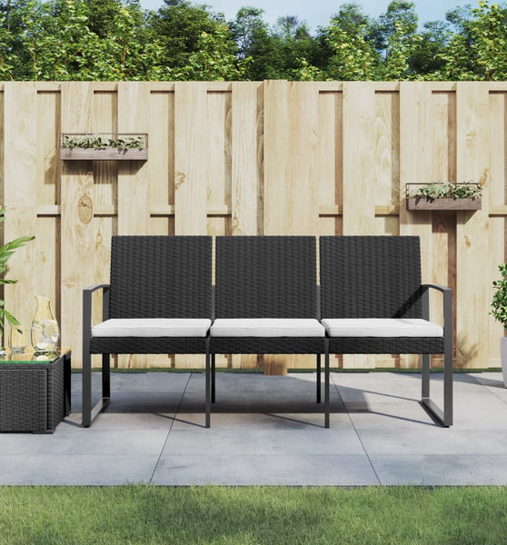 Gartenbank 3-Sitzer mit Kissen Schwarz PP-Rattan