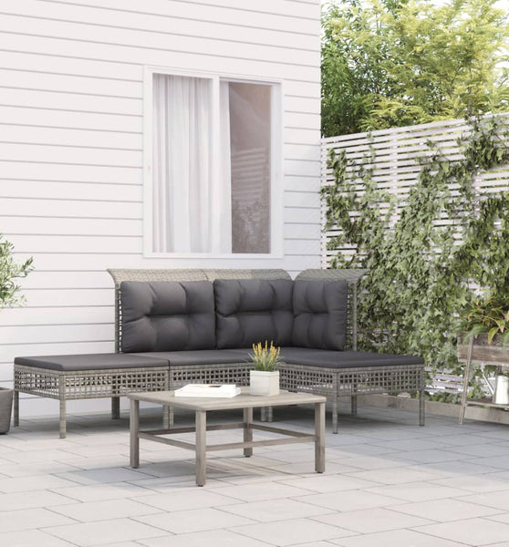 4-tlg. Garten-Lounge-Set mit Kissen Grau Poly Rattan