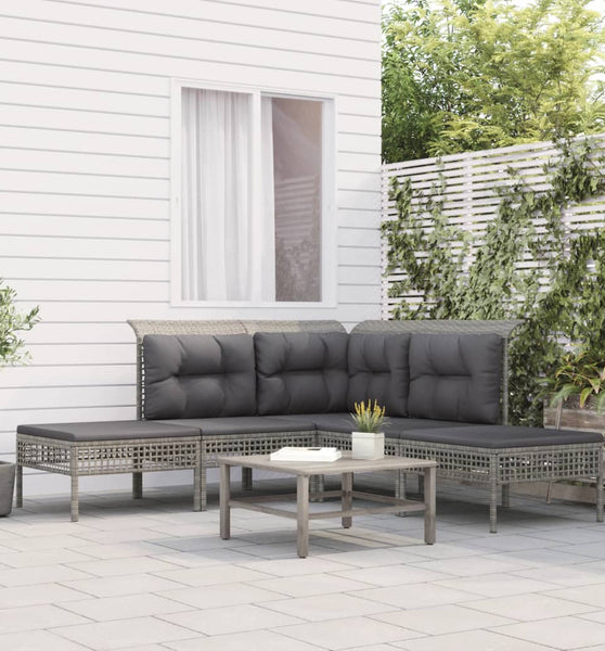 5-tlg. Garten-Lounge-Set mit Kissen Grau Poly Rattan