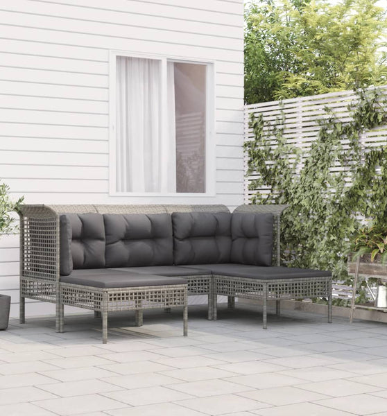 5-tlg. Garten-Lounge-Set mit Kissen Grau Poly Rattan