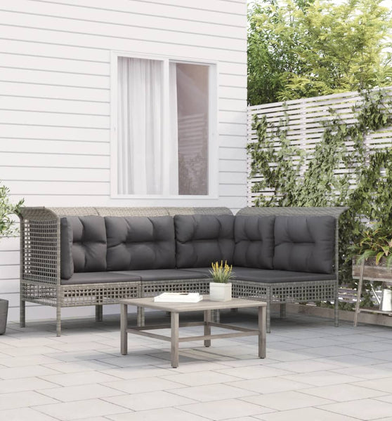 4-tlg. Garten-Lounge-Set mit Kissen Grau Poly Rattan