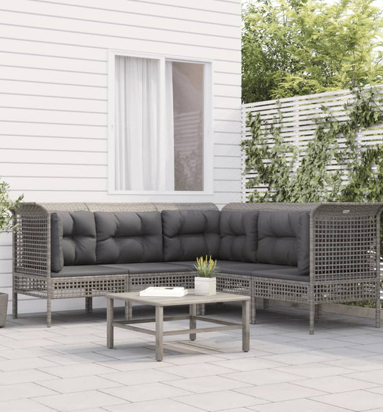 5-tlg. Garten-Lounge-Set mit Kissen Grau Poly Rattan