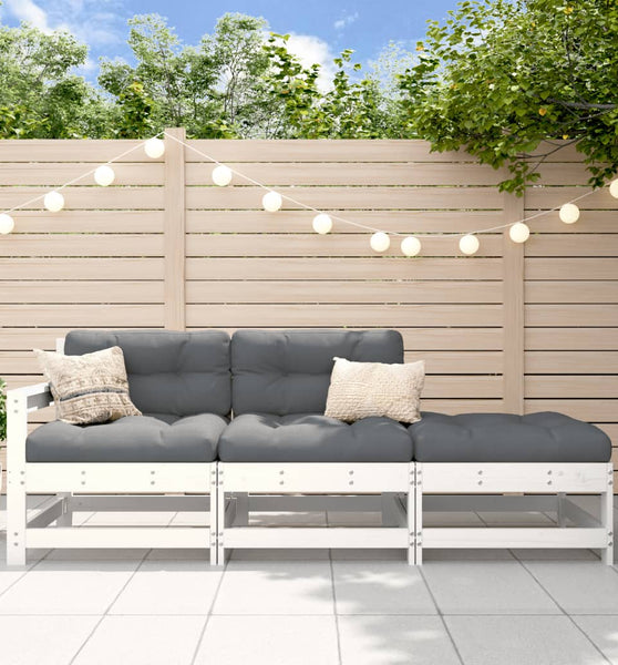 3-tlg. Garten-Lounge-Set mit Kissen Weiß Massivholz