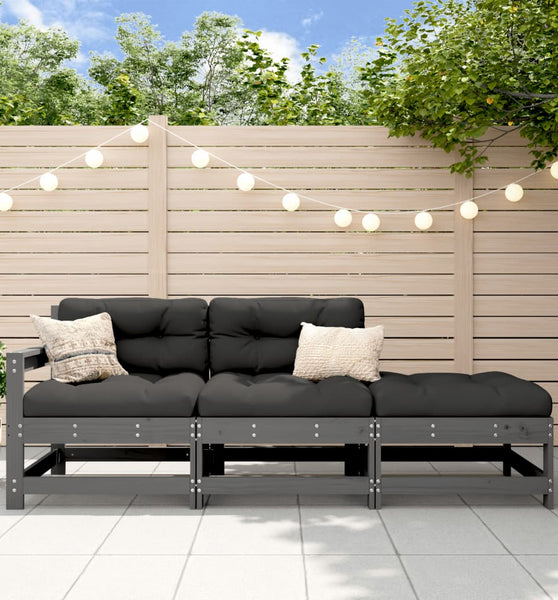 3-tlg. Garten-Lounge-Set mit Kissen Grau Massivholz