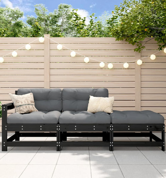 3-tlg. Garten-Lounge-Set mit Kissen Schwarz Massivholz