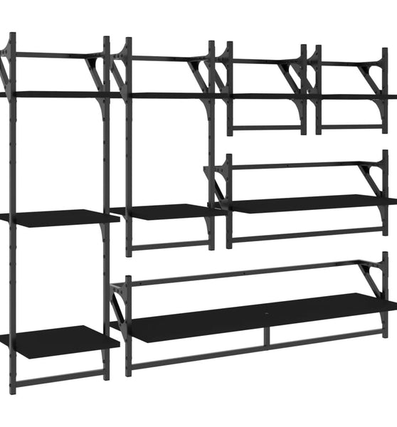 6-tlg. Wandregal-Set mit Stangen Schwarz Holzwerkstoff