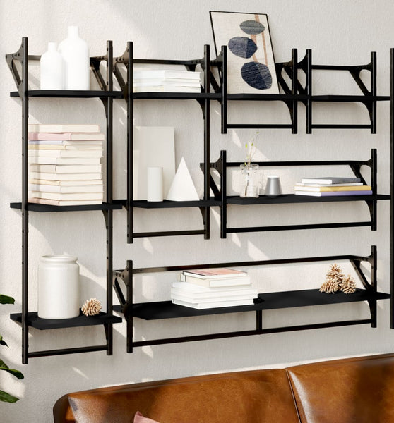 6-tlg. Wandregal-Set mit Stangen Schwarz Holzwerkstoff