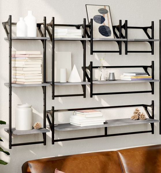 6-tlg. Wandregal-Set mit Stangen Grau Sonoma Holzwerkstoff