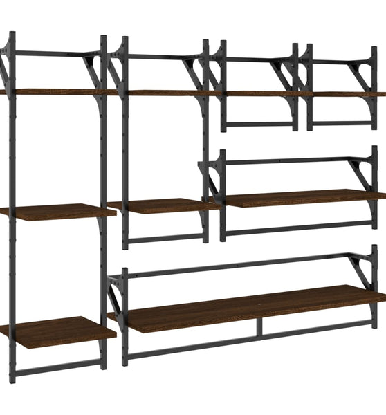6-tlg. Wandregal-Set mit Stangen Braun Eichen-Optik