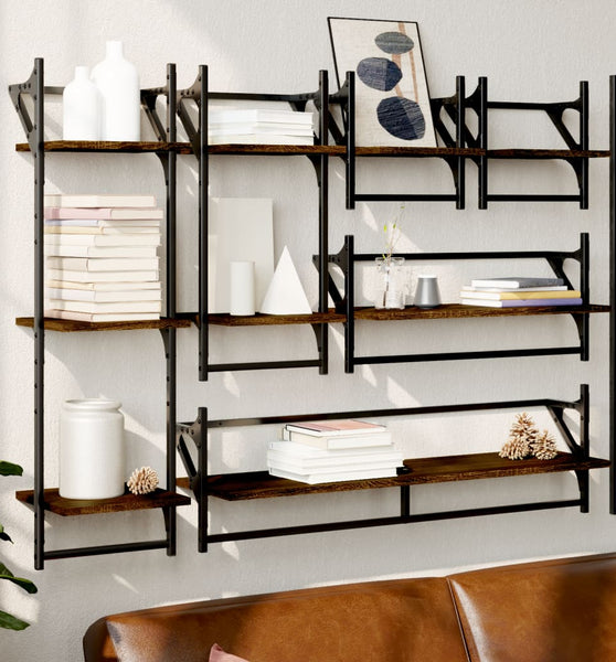 6-tlg. Wandregal-Set mit Stangen Braun Eichen-Optik