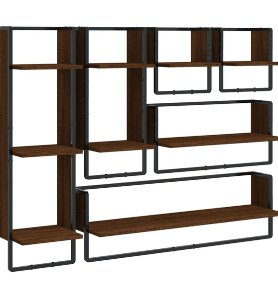 6-tlg. Wandregal-Set mit Stangen Braun Eichen-Optik