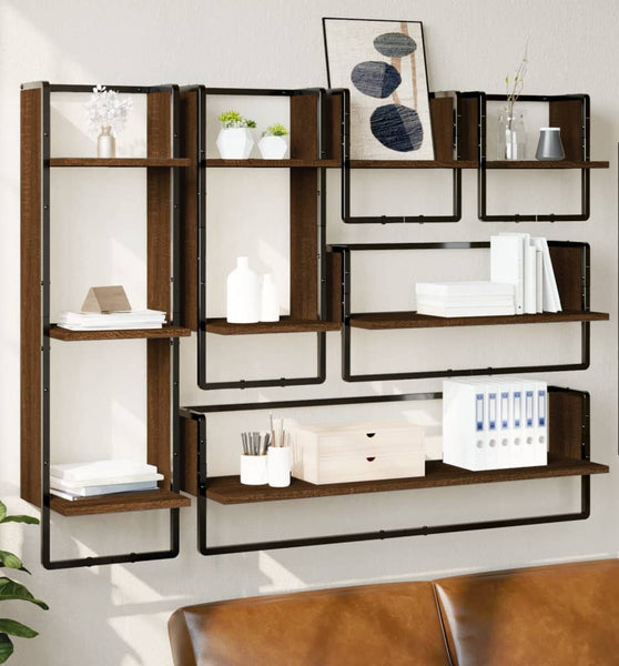 6-tlg. Wandregal-Set mit Stangen Braun Eichen-Optik