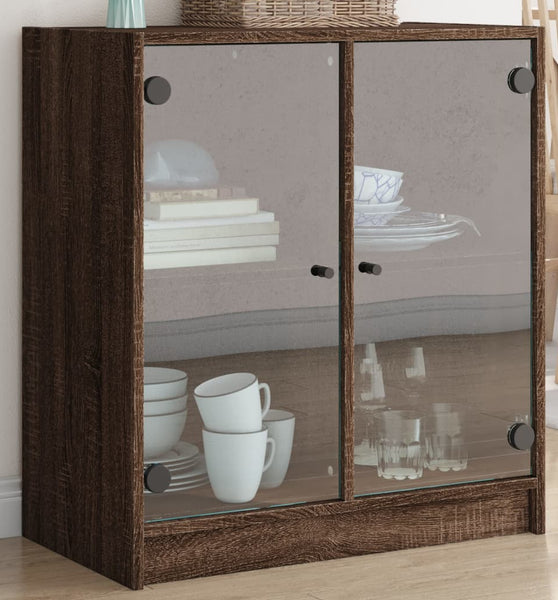Beistellschrank mit Glastüren Braun Eichen-Optik 68x37x75,5 cm