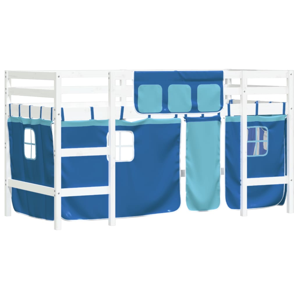 Kinderhochbett mit Vorhängen Blau 90x190 cm Massivholz Kiefer