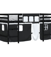 Kinderhochbett mit Vorhängen Weiß Schwarz 90x190 cm Kiefernholz