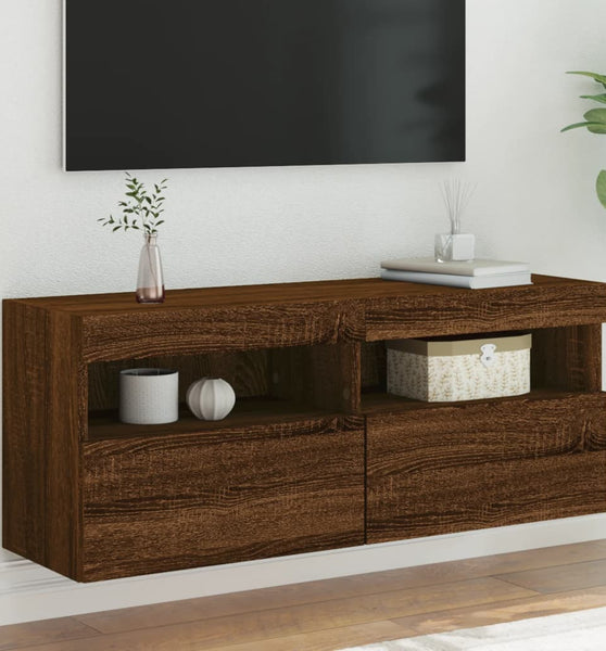 TV-Wandschrank mit LED-Leuchten Braun Eichen-Optik 100x30x40 cm