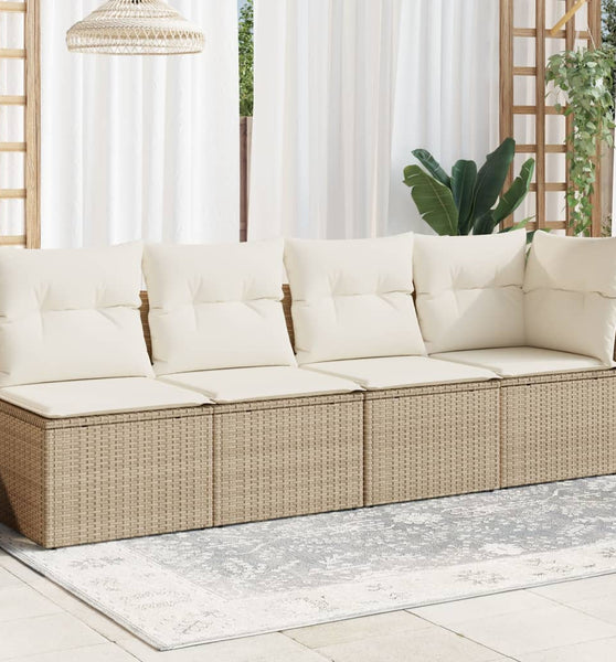 Gartensofa mit Kissen 4-Sitzer Beige Poly Rattan