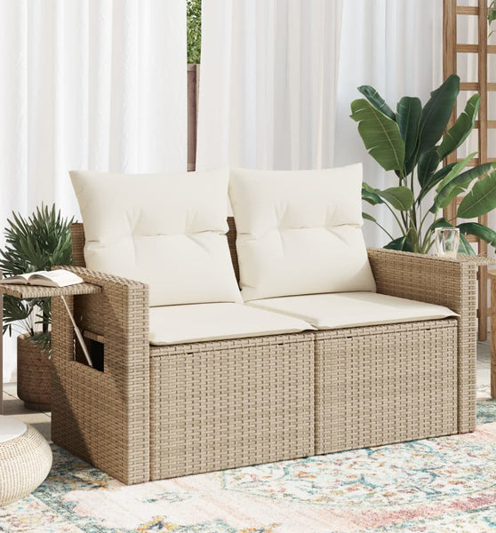 Gartensofa mit Kissen 2-Sitzer Beige Poly Rattan