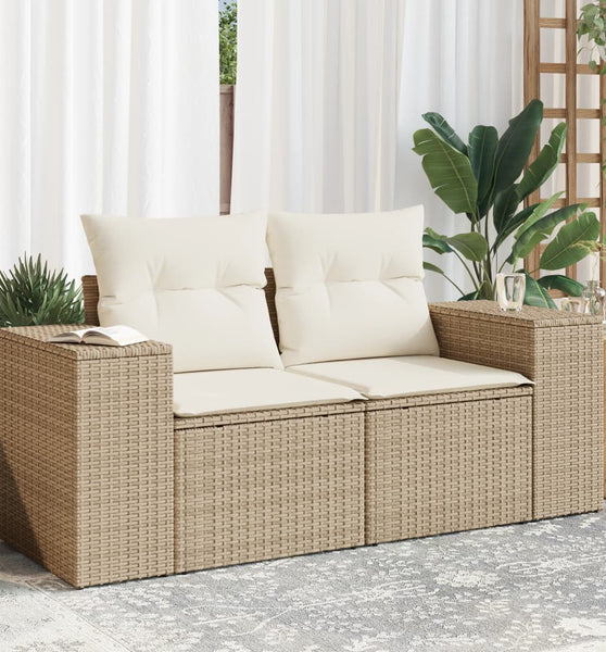 Gartensofa mit Kissen 2-Sitzer Beige Poly Rattan