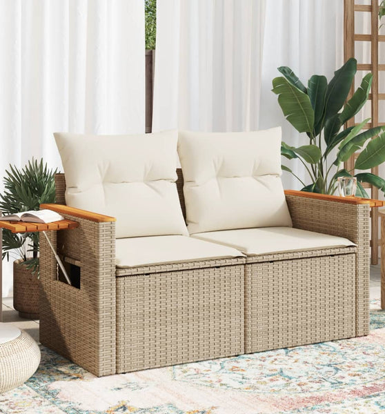 Gartensofa mit Kissen 2-Sitzer Beige Poly Rattan