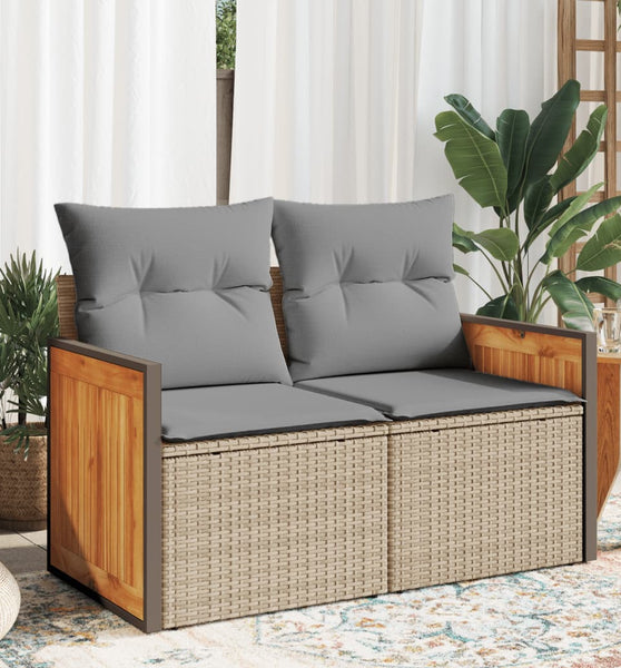 Gartensofa mit Kissen 2-Sitzer Beige Poly Rattan