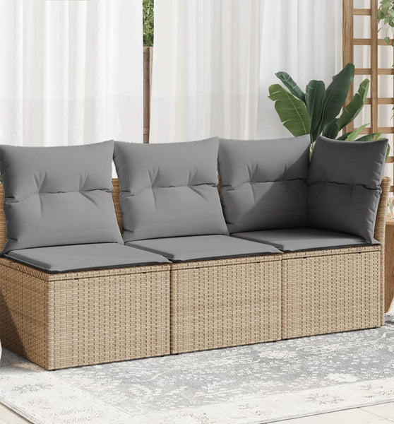 Gartensofa mit Kissen 3-Sitzer Beige Poly Rattan