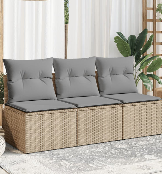 Gartensofa mit Kissen 3-Sitzer Beige Poly Rattan