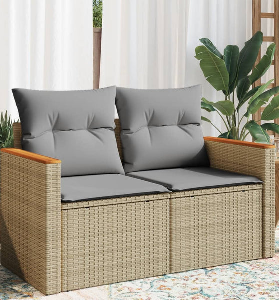 Gartensofa mit Kissen 2-Sitzer Beige Poly Rattan