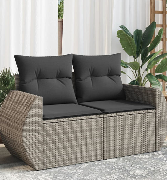 Gartensofa 2-Sitzer mit Kissen Grau Poly Rattan