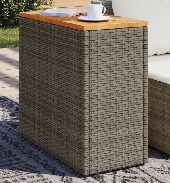 Garten-Beistelltisch mit Holzplatte Grau 58x27,5x55 cm Rattan