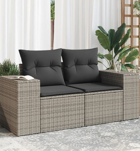 Gartensofa 2-Sitzer mit Kissen Grau Poly Rattan